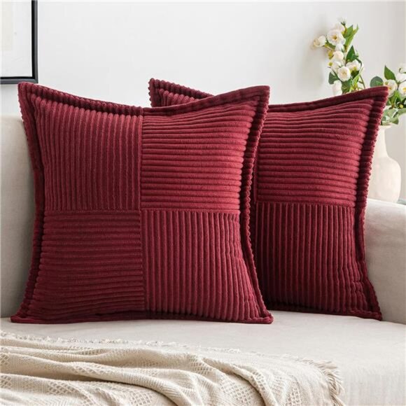 Set of 2 Burgundy Corduroy Pillow Covers, 18x18 Boho Striped Decorative Cushions - Picture 1 of 14